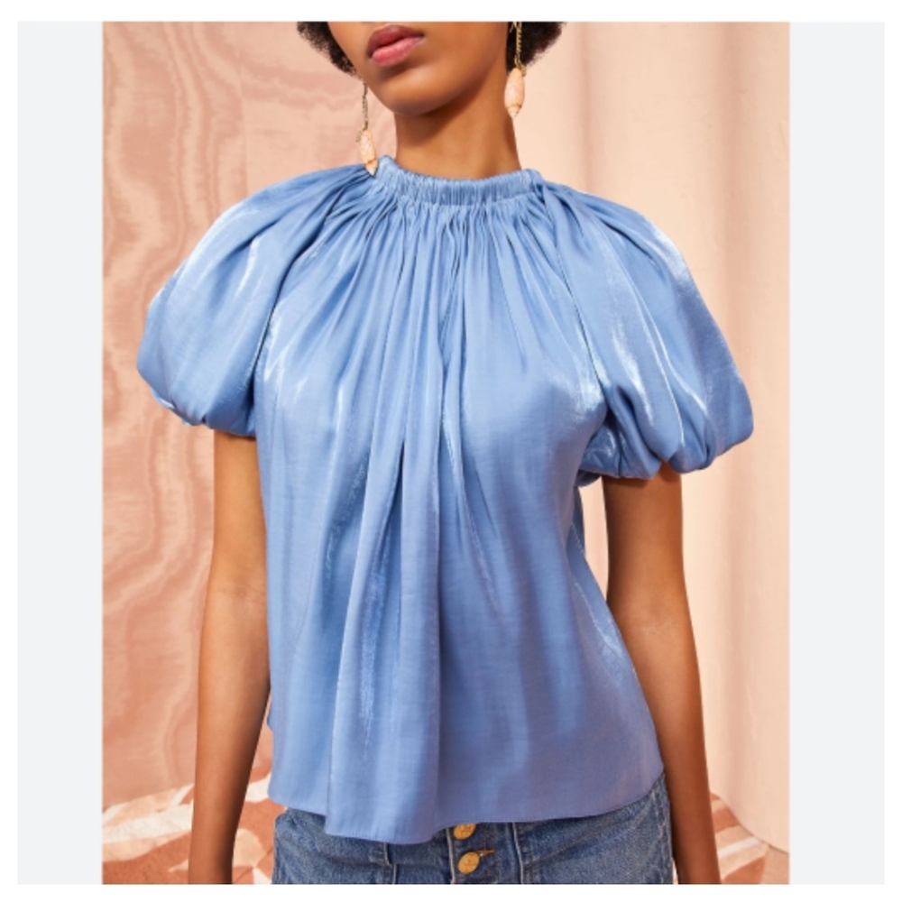 ULLA JOHNSON River FLO Cutout Puff Sleeve Satin Blouse Size 12 C2119